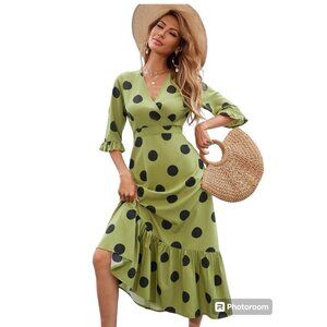 Women’s Polka Dot Ruffle Hem Tiered Midi Maxi Dress Black Green V Neck